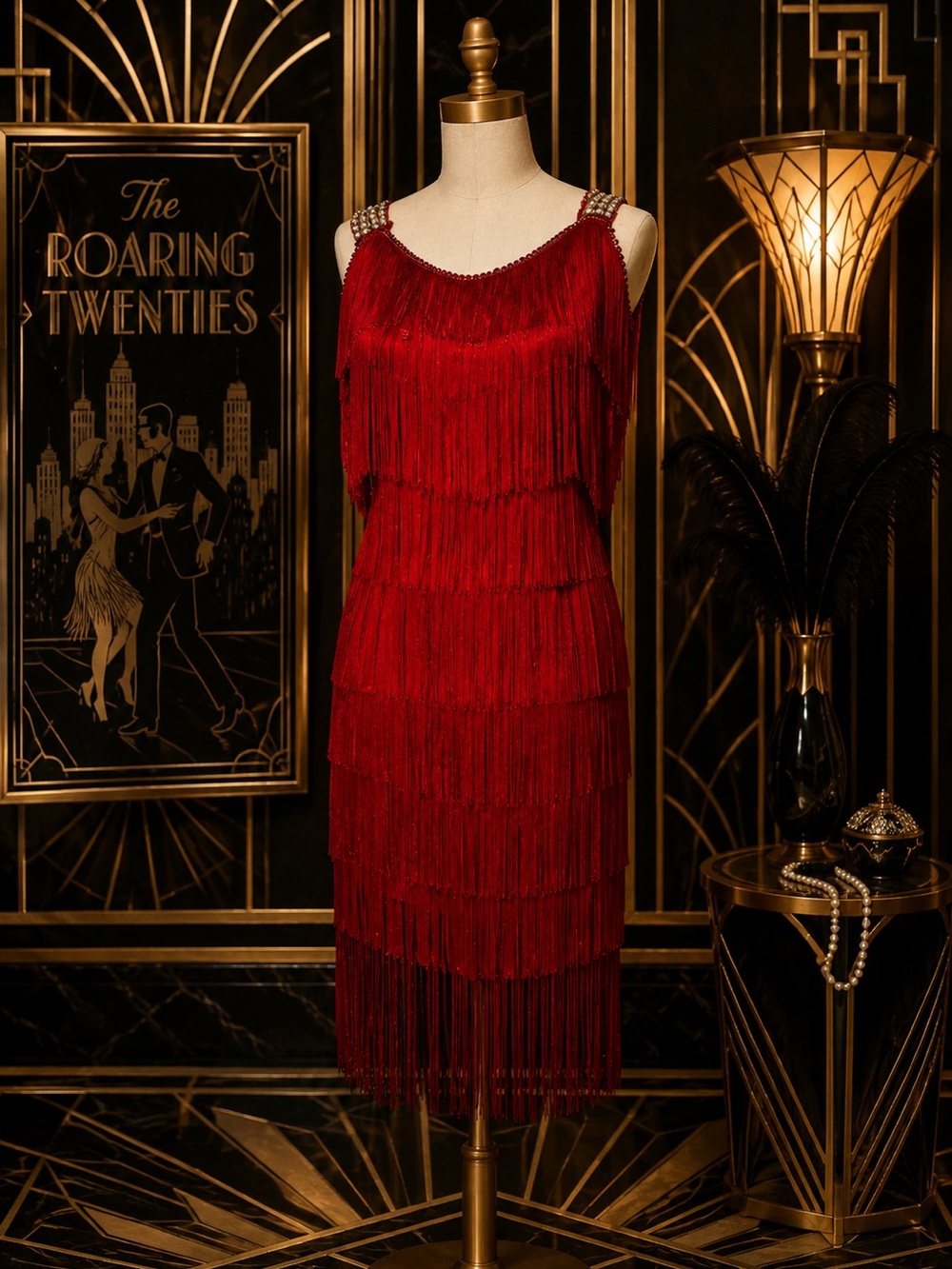 Vintage 90s Cheryl Creation Rhinestone Red Costume Fringe Dress XL